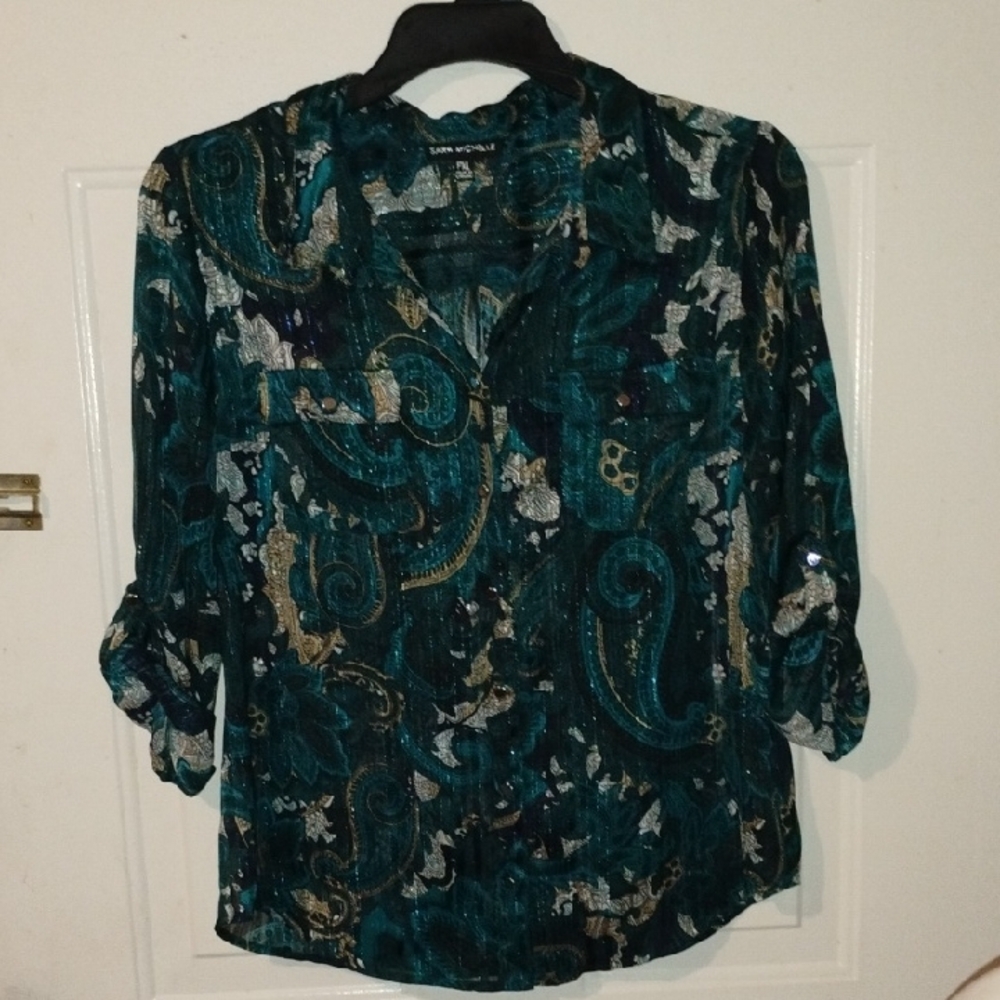 Dana Buchman Emerald and Gold Patterned Blouse